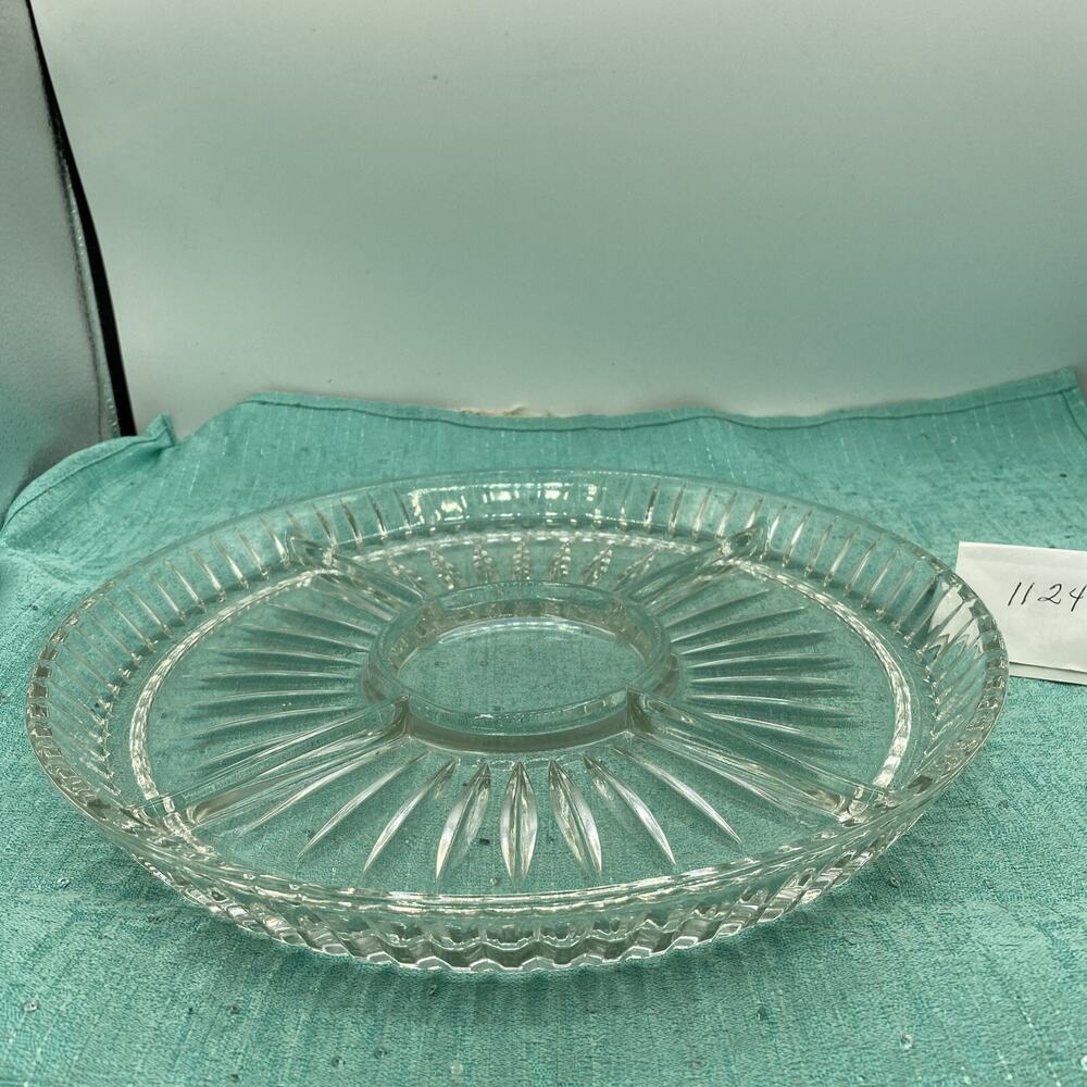 Vintage Clear Glass Platter Divided Serving Tray 5 Sections 11.25 Inch Diameter